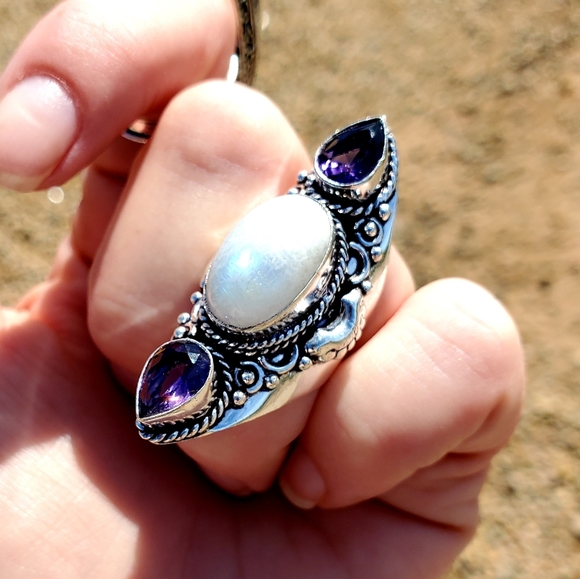 New Rainbow Moonstone & Amethyst 925 Silver Statement Ring. - Picture 12 of 16